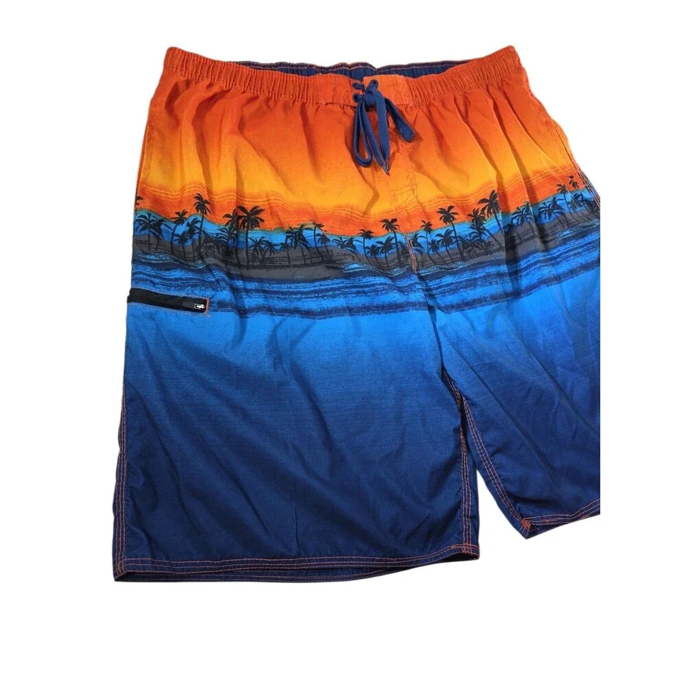 Burnside Mens 2XL Board Shorts Hawaiian Sunset Palm Tree Print Zip Pocket Blue